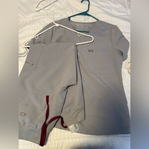 Figs *rare* cement gray  Joggers with maroon Accents medium scrub set